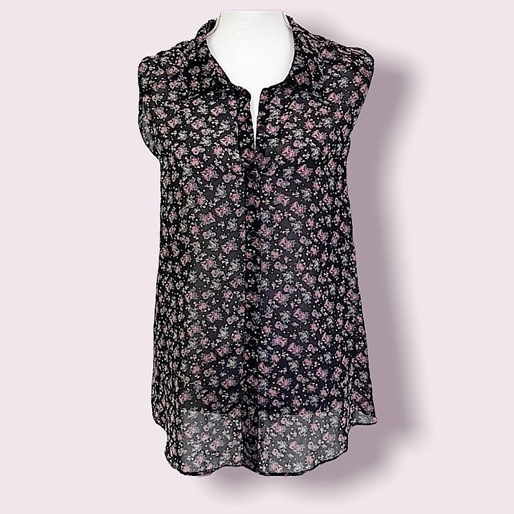 Zenobia Black Floral Sleeveless Button Down Top Sz L
